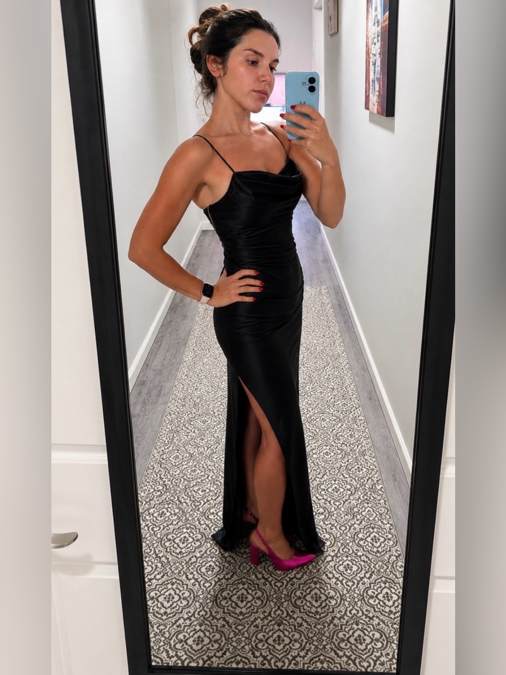 Emerald Sundae Black Satin Cowl Neck Maxi Dress with High Slit - Picture 2 of 6